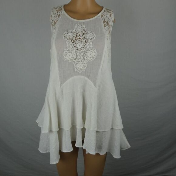 Free People He Loves Me Tiered Lace Ivory Floral Sleeveless Swing Tank Tunic Sm - Picture 1 of 10